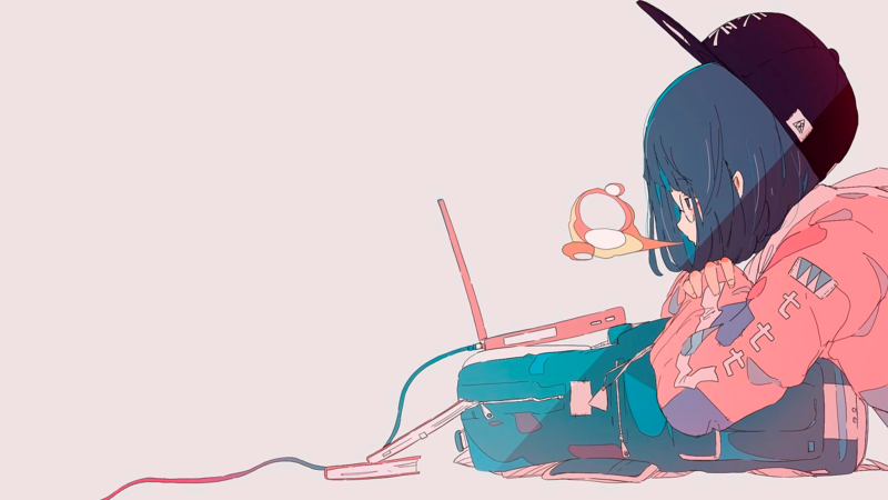 anime, manga, anime girls, simple background, minimalism, laptop, brunette