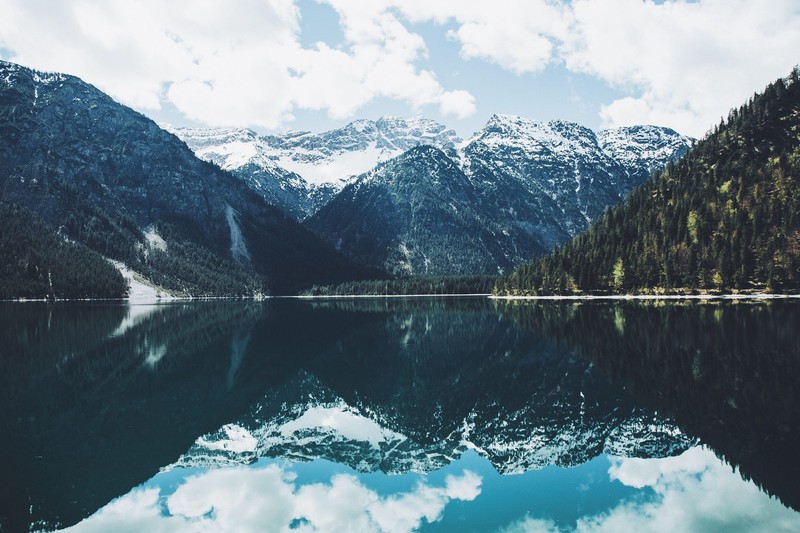 landscape, mountains, plants, water, lagoon, reflection, calm, lake, blue