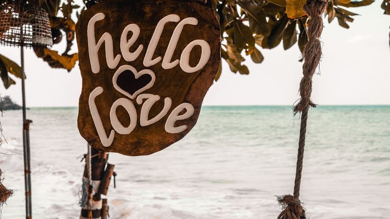 signboard, inscription, love, ocean, waves, 4k