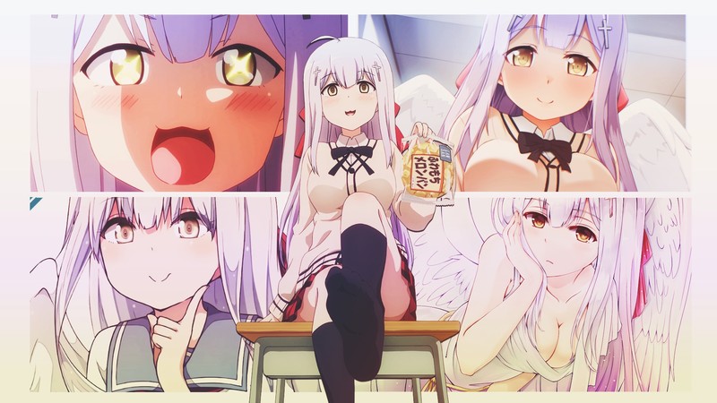 anime, anime girls, Raphiel "Raphi" Shiraha Ainsworth, Raphiel Ainsworth Shiraha, Gabriel Dropout, white hair, white skin, feet, school uniform