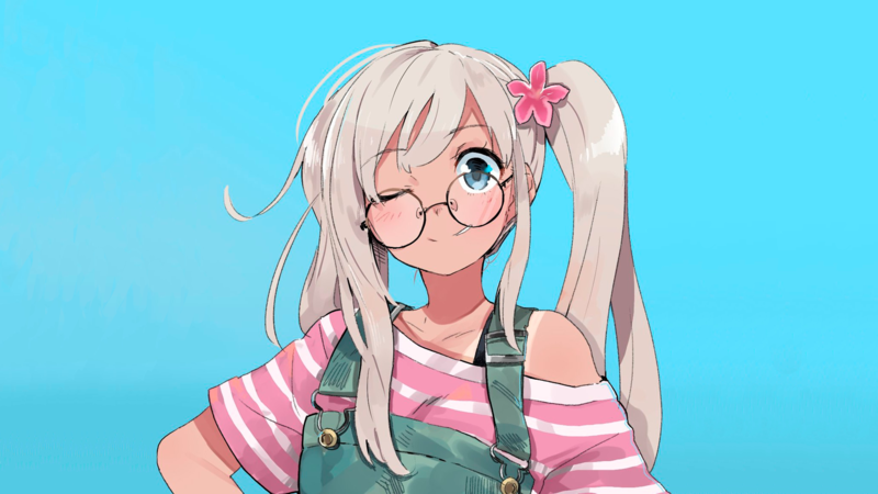 anime, manga, anime girls, simple background, meganekko, glasses, blonde, striped, pigtails, blue, overalls, Ro-500 (KanColle), Kantai Collection