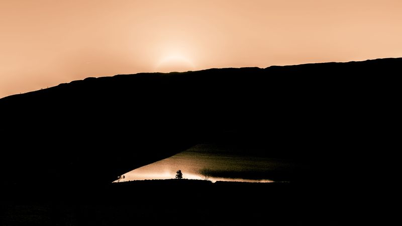 sunset, dark, landscape, water, shore, 4k