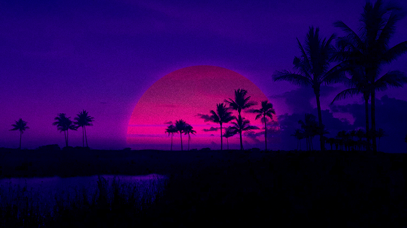 retrowave, Retrowave, purple, sunset, palm trees, pink, shadow, dark background