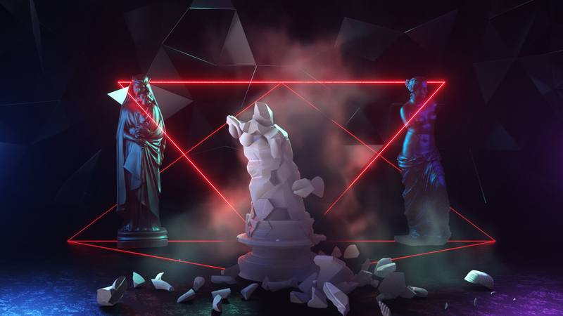 digital art, sculpture, dark, neon lights, statue