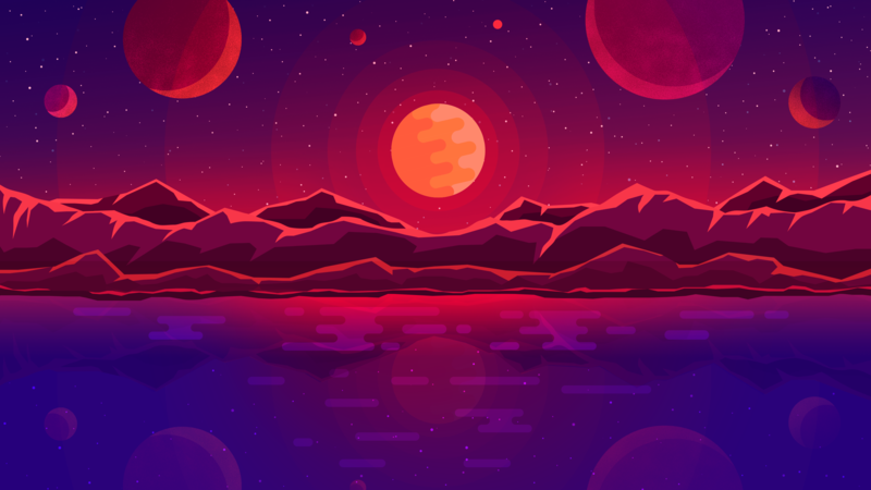 sunset, sun rays, mountains, stars, reflection, colorful, sky, planet, abstract, landscape