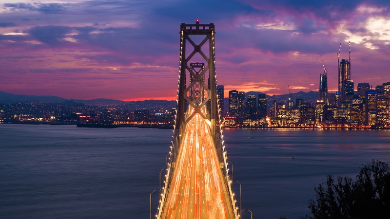 architecture, cityscape, skyscraper, evening, sunset, water, bridge, clouds, city lights, motion blur, San Francisco, USA, light trails, San Francisco-Oakland Bay Bridge, city, purple sky