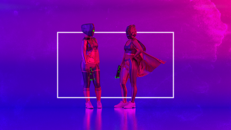 women, Girl With Weapon, science fiction, weapon, pistol, laser pistol, abstract, synthwave, Retrowave, retrowave, cyberpunk, Dark Cyberpunk, futuristic, helmet, purple background, standing