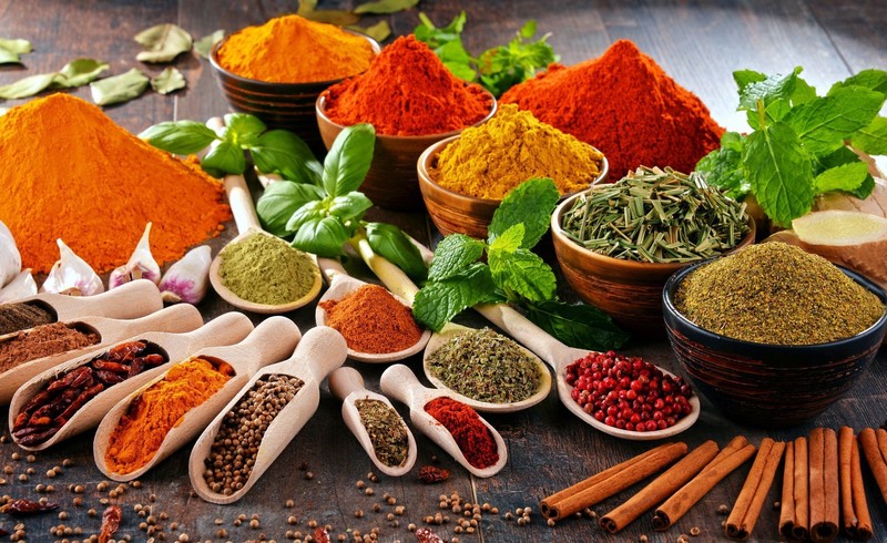 food, colorful, spices, cinnamon, paprika (spice), mint leaves, turmeric