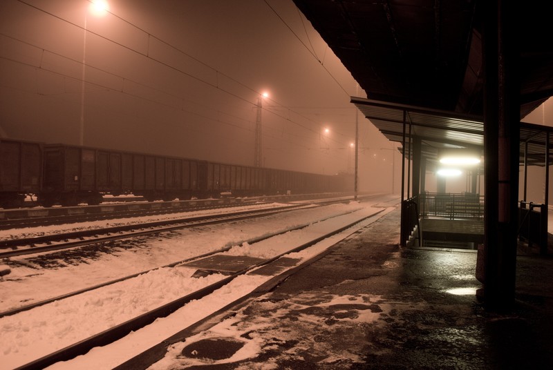 railway, train station, Slovakia, winter, snow, night, train, mist, empty, electric locomotives, lights