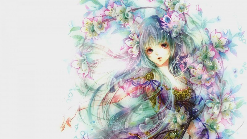 anime girls, Chinese characters, flower in hair, white background, flowers, anime