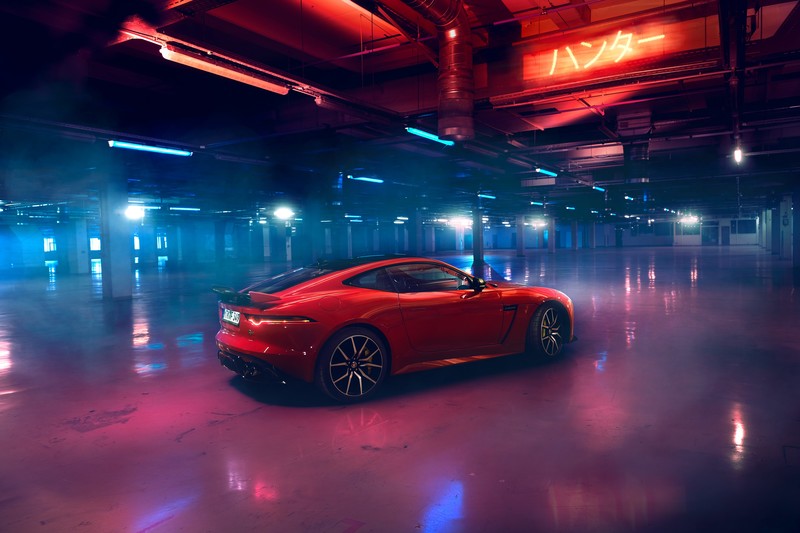 Jaguar F-Type, Jaguar, car, red cars, neon lights, luxury cars, parking lot, parking