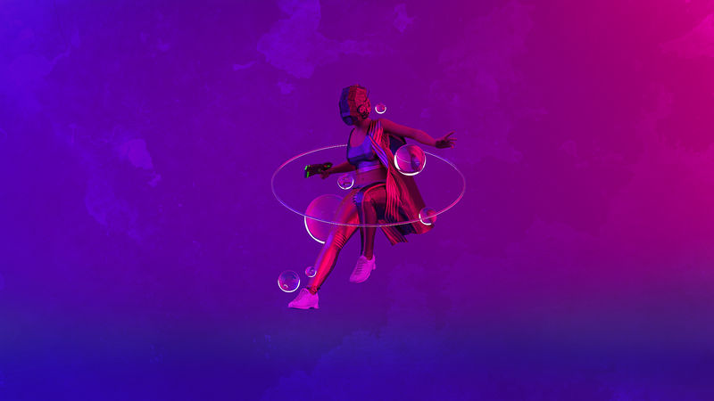 women, Girl With Weapon, science fiction, weapon, pistol, 3D Abstract, synthwave, Retrowave, cyberpunk, futuristic, violet, helmet, bubbles, jumping
