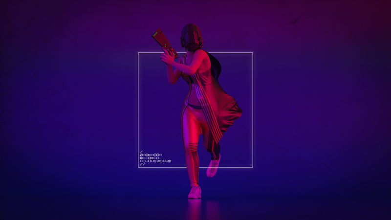 women, Girl With Weapon, science fiction, weapon, pistol, synthwave, Retrowave, cyberpunk, futuristic, violet, helmet, running, fictional characters
