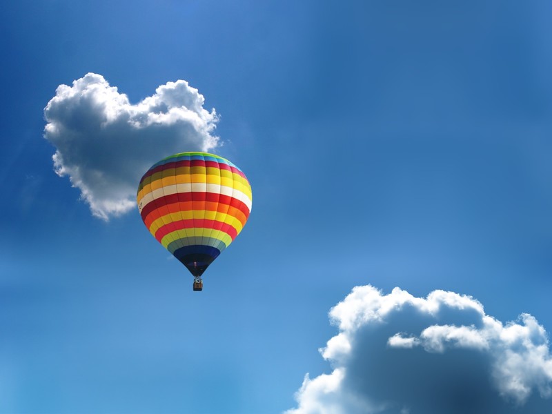 sky, hot air balloons, clouds, heart