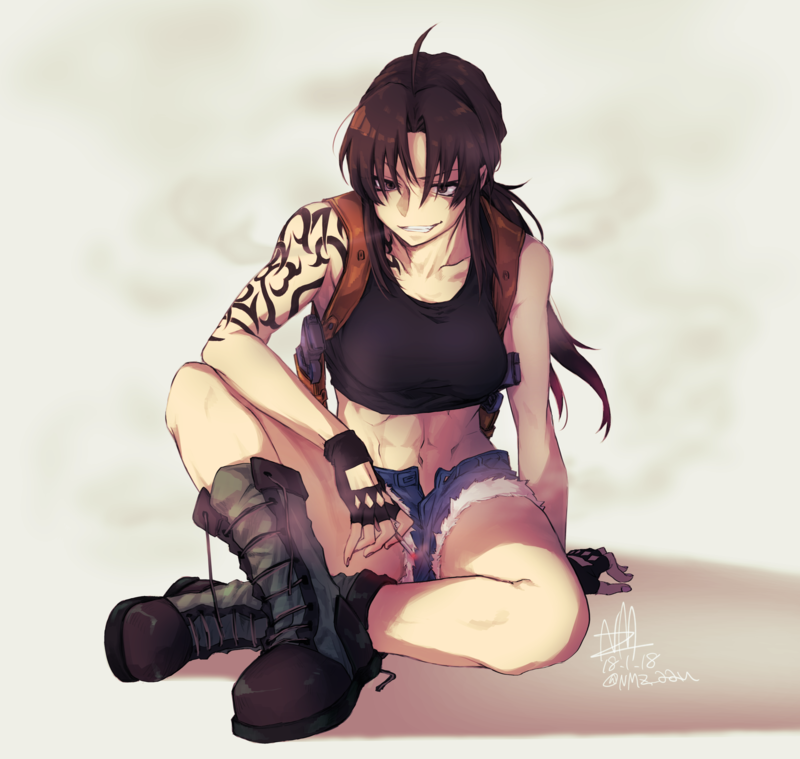 Black Lagoon, anime girls, Revy, muscular, big boobs, girls with guns, smoking, cigarettes, jean shorts, tattoo, smiling, brunette, long hair, brown eyes, 2D, bare bottom, belly button, abs, 6 packs, fan art, simple background, black tops