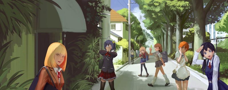 To Aru Kagaku no Railgun, To aru Majutsu no Index, Working!!, Chuunibyou demo Koi ga Shitai!, Toradora!, Prison School, anime girls, Misaka Mikoto, Aisaka Taiga, Takanashi Rikka, Kitashirakawa Tamako, Inami Mahiru, Midorikawa Hana, Tamako Market, 2D, Japan, JK, short hair, long hair, blond hair, black hair, redhead, brunette, school uniform, Amagami SS, Ayatsuji Tsukasa, eye patch, black stockings, waitress, crossover, looking at viewer, brown eyes, blue eyes, small boobs, fan art