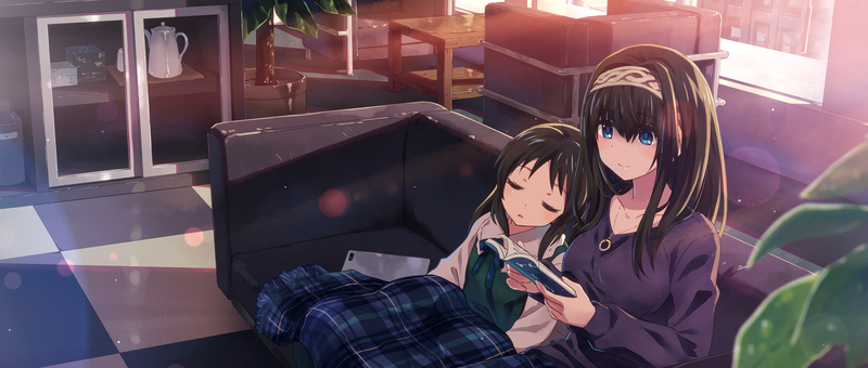 anime girls, anime vectors, sleep, sleeping, couch, reading, books, sisters, sun rays, smiling