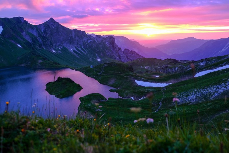river, lake, Germany, mountains, sunset, flowers, grass, landscape, nature