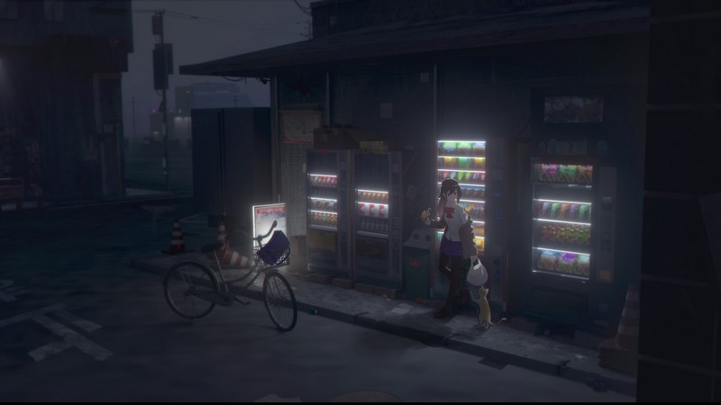 bicycle, cats, vending machine, skirt, school uniform, night, city, moescape