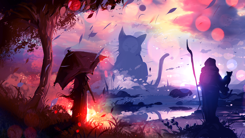 ryky, painting, digital art, umbrella, cats, leaves, bokeh