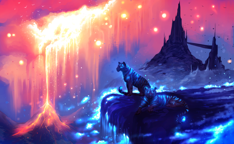 ryky, painting, digital art, tiger, castle, volcano, cyan, pink, artwork