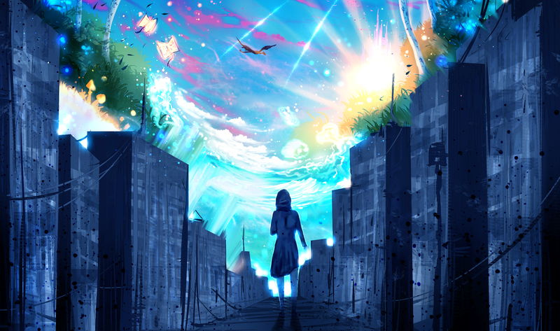 ryky, painting, digital art, cityscape, books, sky