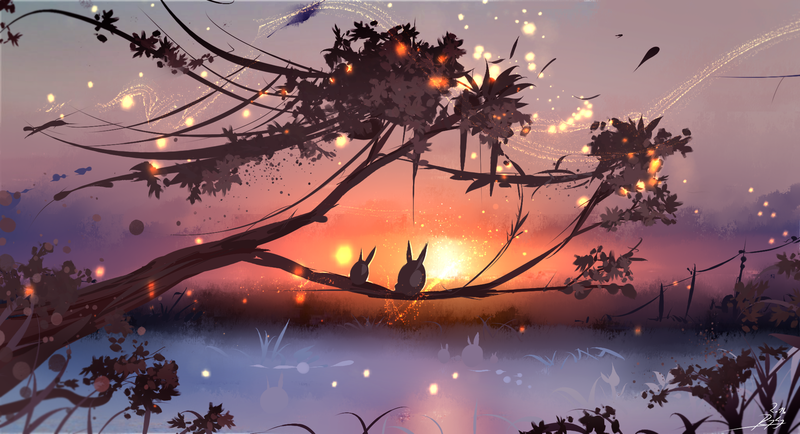 painting, digital art, branch, sunset, power lines, bokeh, ryky