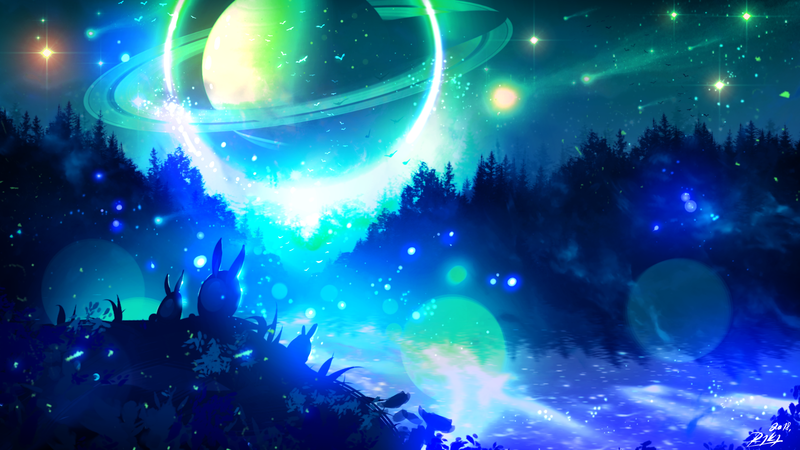 ryky, painting, digital art, forest, bokeh, fantasy art, planet, cyan, blue