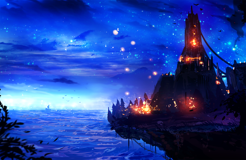 ryky, painting, digital art, coast, castle, cliff, bokeh