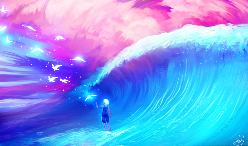 ryky, painting, digital art, birds, waves, cyan, pink