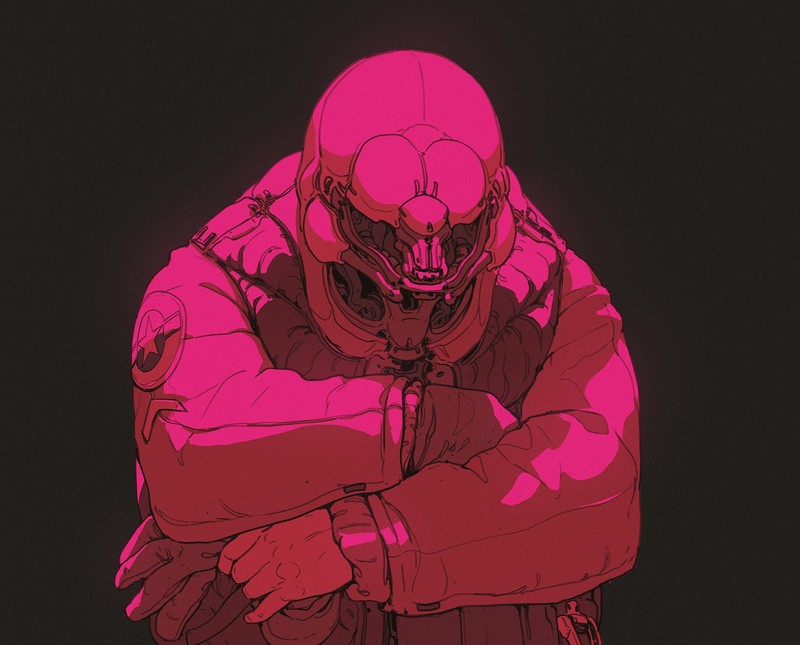 Wouter Gort, artwork, simple background, synthwave, helmet, cyberpunk, vaporwave, arms crossed