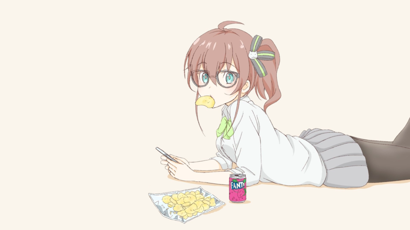 anime, manga, anime girls, simple background, chips, Fanta, soda, meganekko, pigtails
