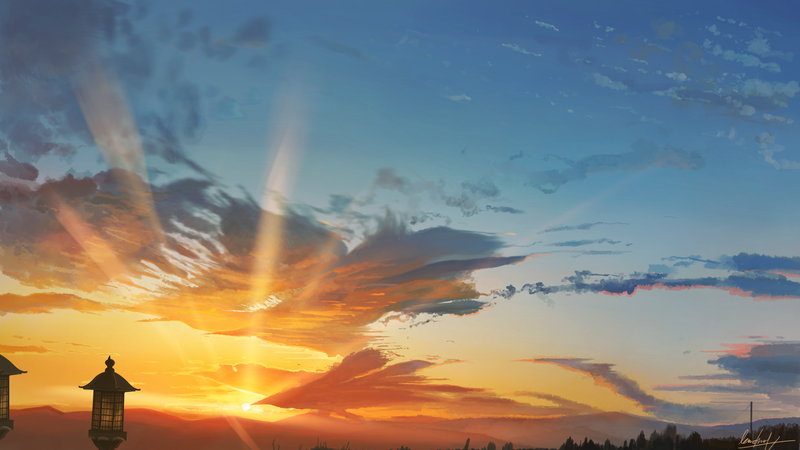 anime, sunset, sky, blue, sunlight, clouds