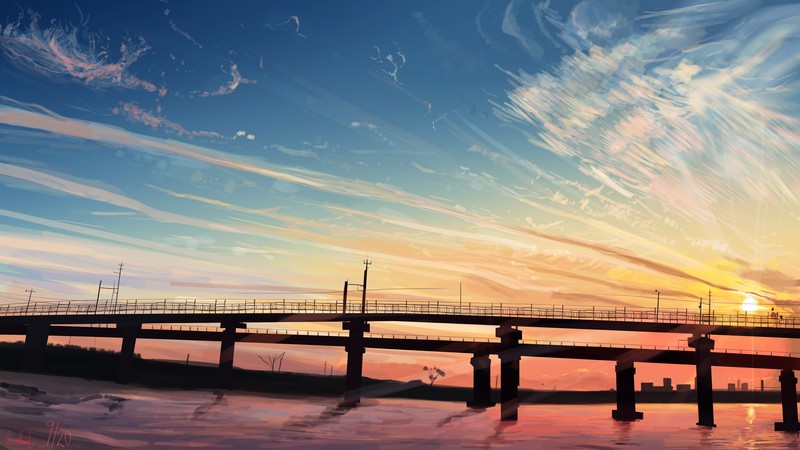 sunset, anime, sky, clouds, sunlight, blue, bridge