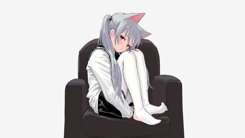 anime, manga, anime girls, simple background, nekomimi, silver hair, grey hair, gray hair, gloomy