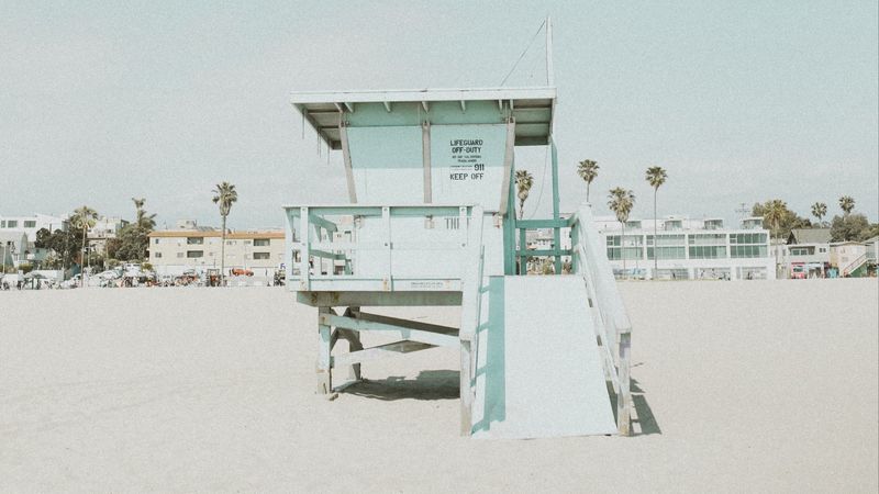 beach, building, booth, coast, sand, 4k