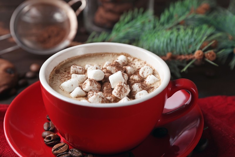 Hot Cocoa, marshmellows, coffee beans, cup