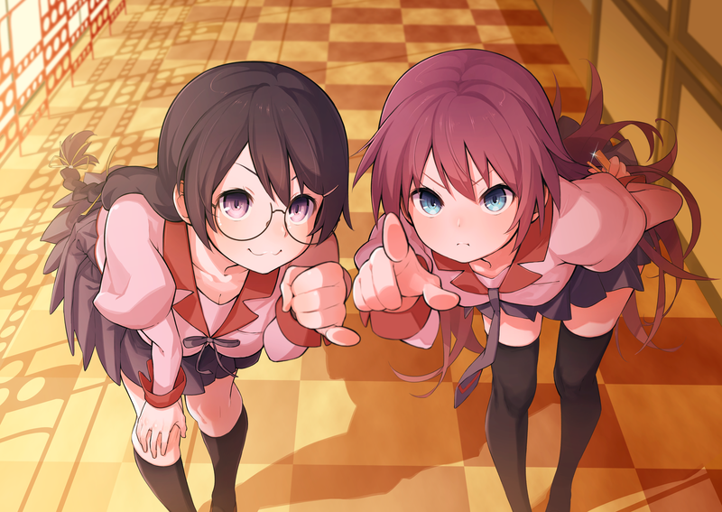 Monogatari Series, anime girls, Hanekawa Tsubasa, Senjougahara Hitagi, 2D, thighs, big boobs, small boobs, black stockings, school uniform, JK, women with glasses, long hair, black hair, smiling, violet eyes, blue eyes, fan art, purple hair