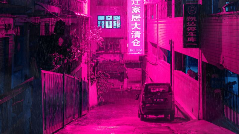 street, neon, rain, light, night, 4k