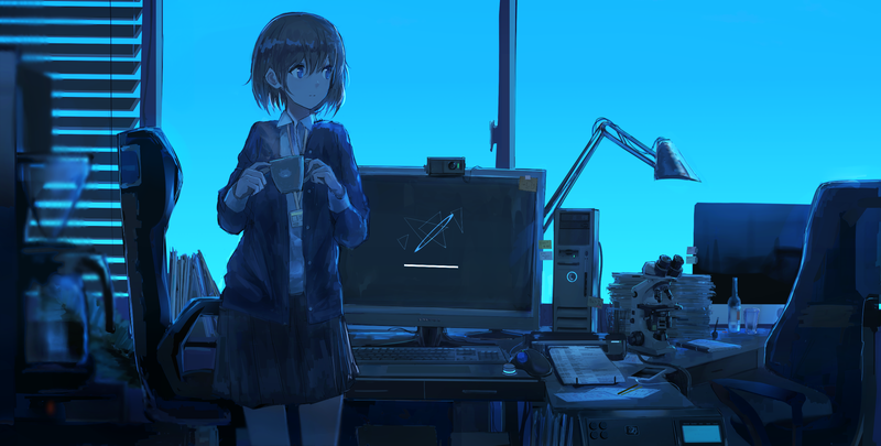 anime girls, office, blue, cup, cyan