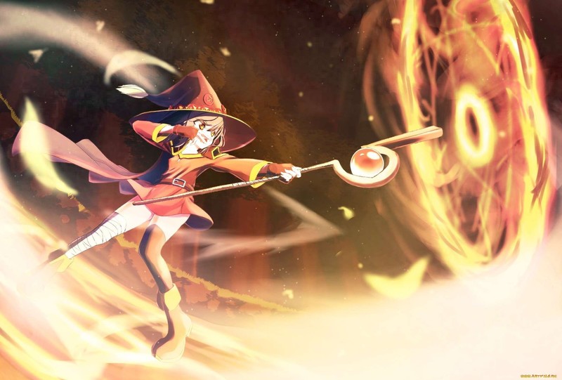 anime, anime girls, white skin, Megumin, Kono Subarashii Sekai ni Shukufuku wo!, red, red dress, dark hair, fan art, dark background, magic