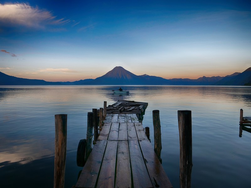 pier, mountains, landscape, clear sky, boat, Guatemala, Lake Atitlán, Lago de Atitlán