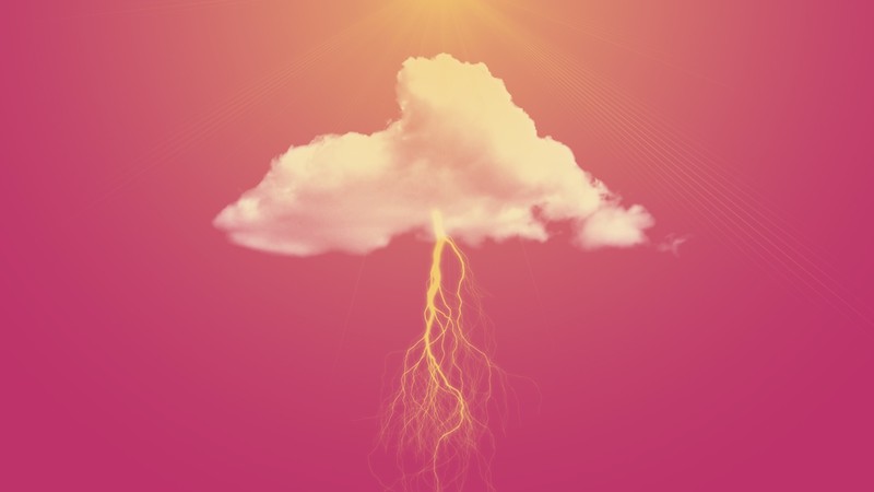 pink, clouds, lightning, minimalism, sun rays, digital art