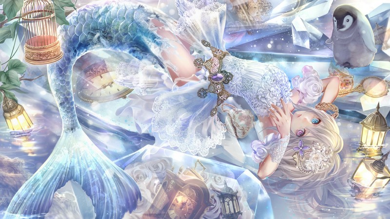 anime girls, siren, heterochromia, penguins, cages, lantern