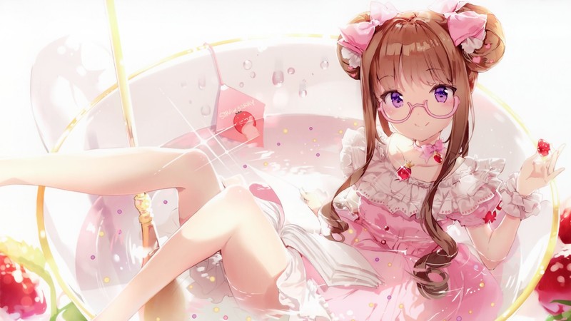 anime girls, anime, brunette, purple eyes, hairbun, hair ribbon, glasses