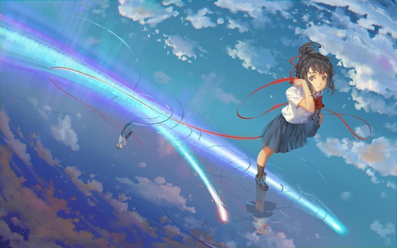 anime girls, Kimi no Na Wa, red ribbon, school uniform, sky