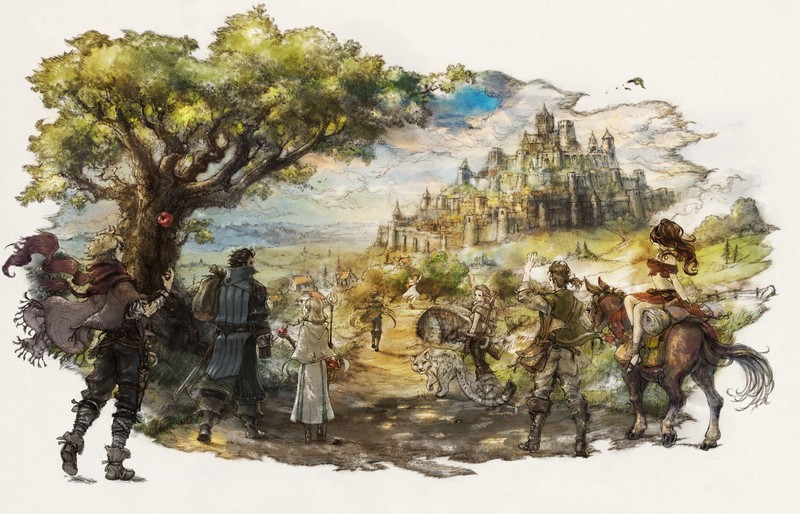 Octopath Traveler, video games, fantasy art, fantasy city, trees, horse, castle, apples