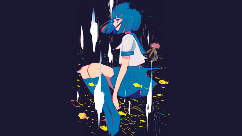 anime, manga, anime girls, dark blue, fish, blue hair, sailor uniform, simple background