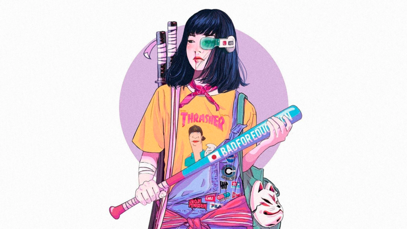 anime, Japan, katana, baseball bat, simple background, Thrasher