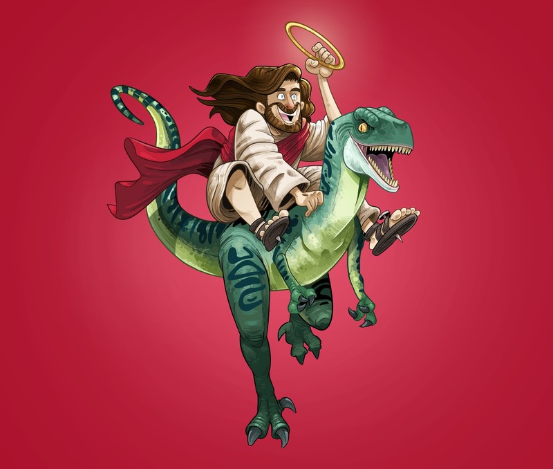 Gabirotcho, digital art, Jesus Christ, velociraptors, men, reptiles, mantle, red background, sandals, fan art